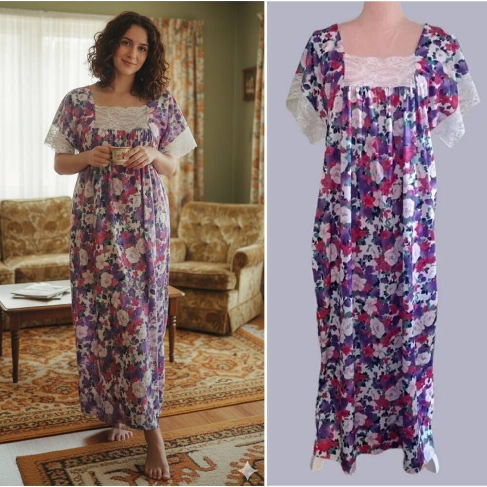 VTG 80s Valisere Colorful Purple Floral Lace Trim MooMoo Dress One Size